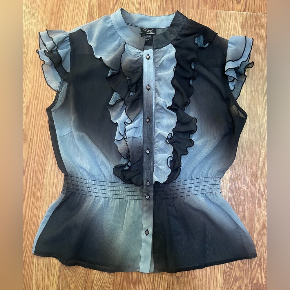 Speak 2 Me Large sheer work dressy top shirt ruffles ombré aqua black blouse